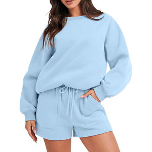 Ensemble 2 pièces short et sweat-shirt pour femme, coupe ample, avec short à cordon de serrage, tenue décontractée pour la maison, col rond court personnalisé pour femme - Product Image 1