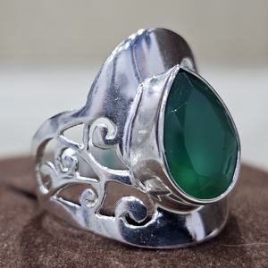 Anillo Vintage de Plata de Ley 925, forma de lágrima de excelente calidad, piedra preciosa de ónix verde, diseñador hecho a mano, Eternity Vermeil - Product Image 3