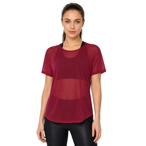 Overlap Back Yoga Shirt for Women <b>Sheer</b> Mesh Short Sleeve Round Neck Relaxed Fitness Top Curved Hem Studio Exercise Layering Tee - Product Image 1