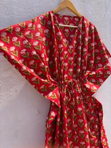 Women's Red Floral Print 100% Cotton Maxi <b>Kaftan</b> Dress V Neck Batwing Sleeves Drawstring Eco-Friendly Breathable Handmade <b>Beach</b> - Product Image 3