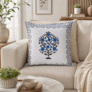 Designer <b>Blue</b> Floral Cotton Cushion Cover Handmade Style Decorative Pillow Cover for <b>Sofa</b> and Bedroom - Product Image 1