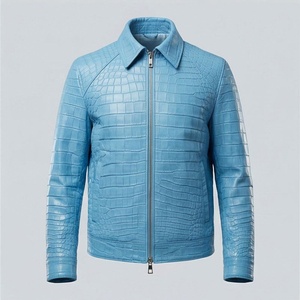 Veste imperméable en toile bleue pour homme, style motard, col rabattu, fermeture éclair, sherpa, longueur normale, 2027 - Product Image 1