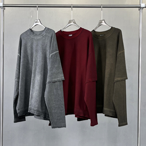 2 In1 Ripped Vintage Oversized Tee Sweatshirts Custom Men Vintage Distressed <b>Raw</b> Hem Double Layer Long Sleeve T Shirt Hoodies - Product Image 2