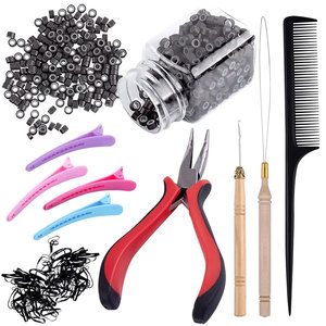 Kit d'outils pour extensions capillaires 500 pièces, perles micro-anneaux brun foncé avec pince à micro-perles, aiguille à crochet et boucle de tirage, 4 en plastique - Product Image 1