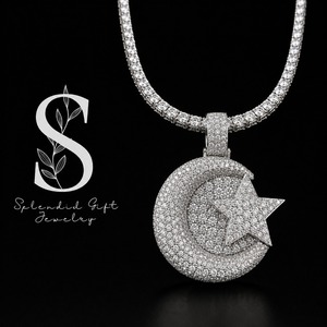 Splendid Gift Jewelry Moissanite Islamic Star Crescent Pendant 925 <b>Silver</b> Rhodium Plated Luxury Unisex <b>Charm</b> Gift - Product Image 1