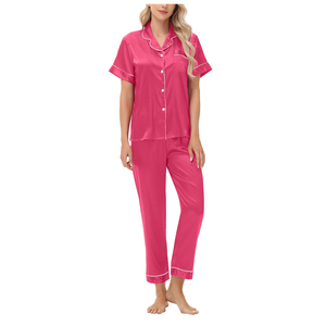 Ensemble pyjama en satin pour femmes, manches courtes, boutonné, col cranté, pantalon long, couleur rouge unie, vêtements de détente, 2 pièces - Product Image 5