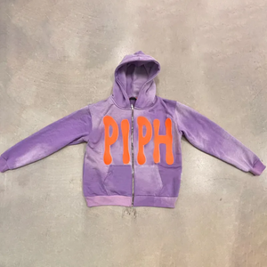 Sudadera con capucha morada extragrande con cremallera para hombre, estilo urbano, de algodón y felpa, con estampado de letras naranjas, bolsillo frontal, estilo otoñal - Product Image 4