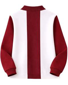 Sweat-shirt polo zippé rouge et blanc pour homme, avec empiècements côtelés, en molleton décontracté, à manches longues, style streetwear, coupe premium - Product Image 2