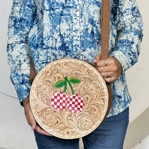 Hand Tooled Floral Round Crossbody Handbags Genuine Leather Checkered Cherry Design Evening Shoulder <b>Bags</b> for Daily Use <b>Bag</b> - Product Image 3