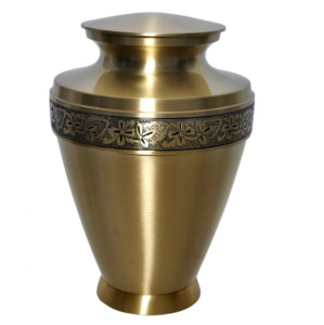 Urnas de cremación para adultos, urnas funerarias de metal de bajo precio con banda de grabado, proveedor de urnas de cremación con acabado dorado de India - Product Image 1