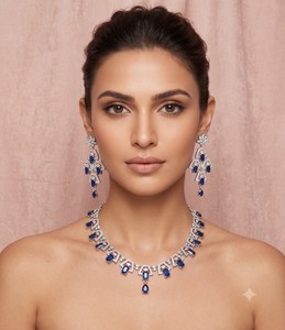 Elegant Emerald Cut Blue Crystal <b>Choker</b> Set Geometric Pattern American Diamond Chandelier Earrings Set Fine Party Wear Jewelry - Product Image 6