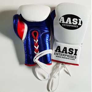 Gants de boxe pour hommes en cuir de vachette bleu brillant texturé avec lacets bicolores, couleurs personnalisables, gants de sport quatre saisons - Product Image 4
