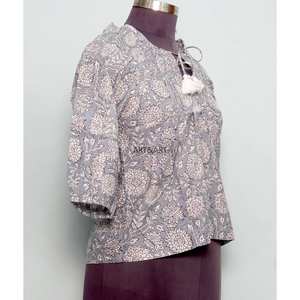 Blusa de Mujer 100% Algodón, Tejida a Mano, Estilo Vintage Floral, para Primavera/Verano, Informal de Oficina, Transpirable, Ecológica, con Manga Abullonada Mini y Cuello Redondo - Product Image 4