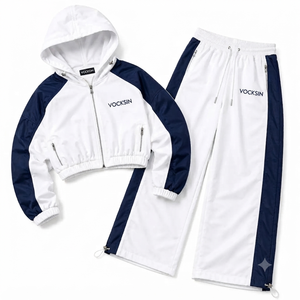 Vocksin – Survêtement coupe-vent à capuche blanc et bleu marine pour femme, séchage rapide, 100 % polyester, imperméable, veste zippée, pantalon large longueur intégrale - Product Image 4