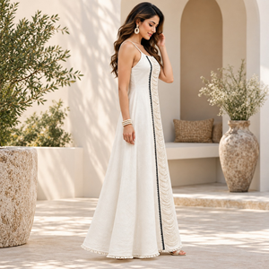 Robe maxi élégante en coton plissé |   Robe longue décontractée pour femmes, col carré, sans manches, style bohème, à franges, pour l'été, la plage, les vacances, les stations balnéaires - Product Image 2