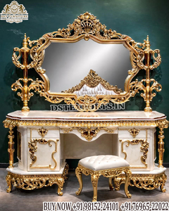 Imperial Style Italian Hand-Carved Teak Wood Dresser Set Exclusive White & Gold Royal Dressing <b>Table</b> Buy French Style Vanity Set - Product Image 2