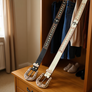 Cintura in pelle con fibbia a mezza luna e diamanti Nz Flower 3,8x105 cm per donna, cinture in pelle alla moda - Product Image 3