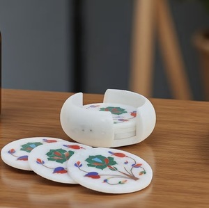 Export Quality 6 Piece White Marbal Coaster <b>Set</b> Stone White & mix <b>colour</b> flowers - Product Image 3