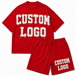 Conjunto de Camiseta y Pantalones Cortos Extra Grandes con Logotipo Personalizado, para Hombre, Rojo, Algodón Jersey, Estilo Casual Urbano, Dos Piezas, Manga Corta, Cuello Redondo - Product Image 1