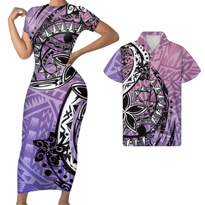 Robe de club polynésienne pour femme et chemise assortie pour homme, style long, motif tribal personnalisé à rayures dorées, grandes tailles - Product Image 2