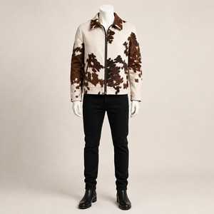Blouson aviateur en cuir de vachette véritable pour homme, imprimé animal, fermeture éclair, col rabattable, vêtement d'extérieur d'hiver, coupe ajustée - Product Image 1
