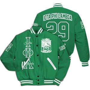 Chaqueta Universitaria Personalizada Iota Phi Lambda para Mujer, Color Verde Esmeralda Sólido, con Letras, Escudo, Número y Año, Chaqueta Bomber de la Hermandad - Product Image 3