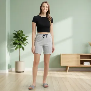 Shorts de détente en jersey de coton gris pour femmes avec cordon de serrage à la taille, shorts décontractés confortables pour l'été - Product Image 1