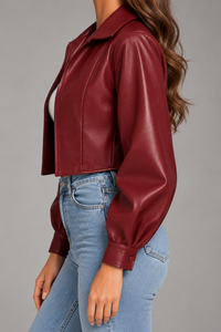 Women’s <b>Burgundy</b> Lambskin <b>Leather</b> <b>Jacket</b> Cropped Zip Front Long Sleeve Fashion Outerwear - Product Image 4