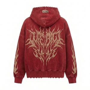 Red Distressed <b>Zip</b> <b>Up</b> <b>Hoodie</b> Men Oversized Streetwear <b>Graphic</b> Fleece Sweatshirt Custom Casual Fashion Jacket - Product Image 2