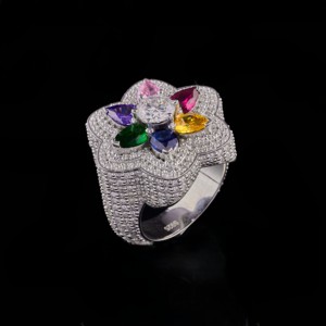 Luxury Women's 925 Silver Flower Cocktail <b>Ring</b> With Pave <b>Crystal</b> Rhinestones And Colorful Gemstones Party Jewelry - Product Image 1