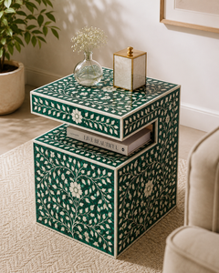 Stylish Resin Bone Inlay Nightstand With Shelf Luxurious End <b>Table</b> Floral Design Modern Side <b>Table</b> Premium Accent Cabinet - Product Image 5