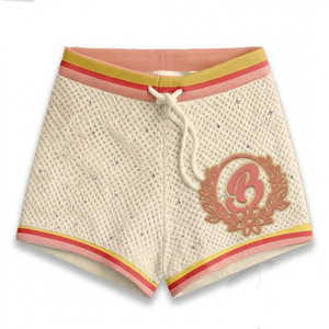 Shorts en coton et polyester côtelé, couleur rouge, avec bandes latérales contrastées, logo personnalisé, design patchwork. Shorts pour femmes. - Product Image 2
