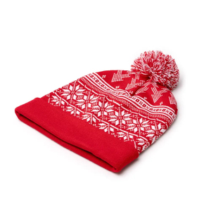 Bonnet en tricot d'hiver unisexe rouge jacquard à pompons, motif géométrique Fair Isle, avec revers - Product Image 4