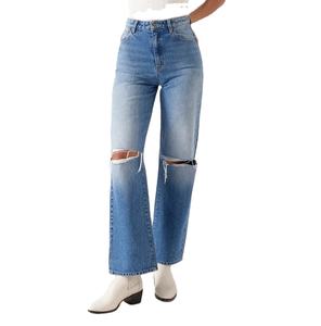 กางเกงยีนส์ทรงบานเอวกลางแบบขาดๆ สไตล์วินเทจ สีน้ำเงิน สำหรับผู้หญิง - Product Image 3