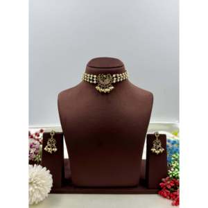 Indian Ethnic Tanvi Traditional Gold Plated Pearl Choker Earring Ring Set - Product Image 2