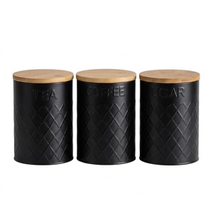 Ensemble de 3 boîtes de rangement pour cuisine en métal noir mat moderne avec couvercles en bambou hermétiques, texture diamantée, pour thé, café, sucre - Product Image 1