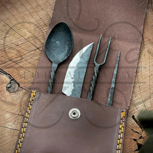 4PCS Hand Forged Iron Steel Medieval <b>Dining</b> <b>Set</b> Rustic Camping Utensils with Leather Roll Pouch Viking Style <b>Outdoor</b> Gift - Product Image 6