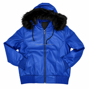 Men Leather wear Red Hooded Leather Jacket Men Casual Winter Zip Up Biker <b>Coat</b> with Fur Trim Regular Fit Fashion leather Jacket - Product Image 2