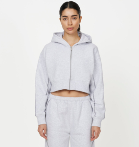 Sudadera con capucha corta de algodón rosa de alta calidad con bordado y estampado, cremallera completa, hombros caídos y corte oversize para mujer - Product Image 4