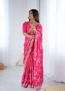 Sari indien élégant en satin de soie avec broderie de sequins, tenue traditionnelle pour mariage et fête, sari rose (HK 80) DC - Product Image 2