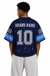 Y2K Fashion Sparkly <b>Hip</b> Hop Streetwear Rhinestone Oversized Mesh V Neck American Football Jersey Women Unisex Loose Fit T-Shirt - Product Image 2