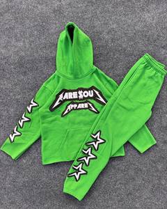 Ensemble de survêtement vert à capuche RARE SOUL APPAREL, manches longues, en coton, imprimé appliqué, streetwear pour enfants, tenue décontractée de printemps - Product Image 1