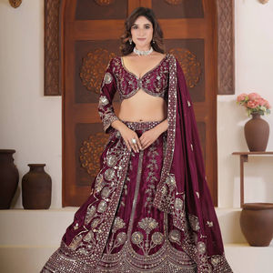 Ensemble de lehenga en soie chinon pour femmes, tenue de fête ethnique, avec broderie Zari et support en toile - Product Image 1