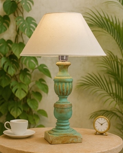 Antique turquoise trophy wood <b>table</b> lamp cream cone shade <b>rustic</b> French country carved <b>bedside</b> light for farmhouse decor - Product Image 6