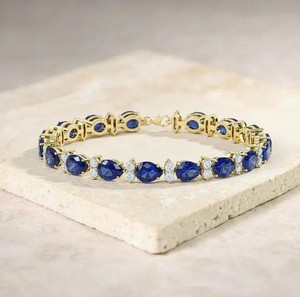 Pear Cut Lab Grown Blue Sapphire Stone Gold Plated 925 Sterling <b>Silver</b> Luxury <b>Charm</b> Bracelet - Product Image 5