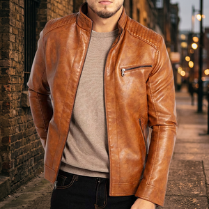 Chaqueta de Motociclista de Cuero PU Marrón para Hombre, Cuello Alto, Cierre de Cremallera, Corte Ajustado, Largo Regular, Color Sólido, para Otoño - Product Image 5