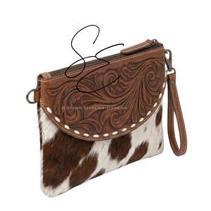 2026 Cowgirl Gypsy Handmade Western Hairon Cowhide <b>Wristlet</b> Clutch for Women Tooled Leather Zipper Pouch Bag - Product Image 2