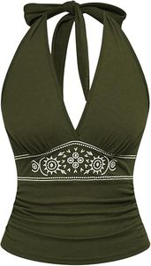 <b>Women's</b> <b>White</b> Halter <b>Tank</b> <b>Top</b> With Black Embroidery Bohemian Style Breathable Knitted Spandex Polyester <b>Top</b> - Product Image 5