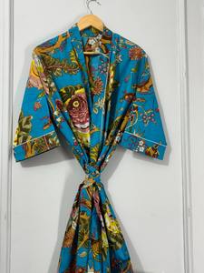 เสื้อคลุมอาบน้ำผ้าฝ้ายทำมือสุดหรูหราลายดอกไม้สีเขียวขุ่นสำหรับผู้หญิง คอวี ทรงเอวสูง น้ำหนักเบา สไตล์กิโมโน สำหรับฤดูใบไม้ผลิและฤดูร้อน - Product Image 2