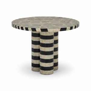 Mesa de centro redonda moderna con incrustaciones de hueso a rayas blancas y negras, mesa de centro decorativa para sala de estar con base de pedestal, ¡en oferta! - Product Image 1